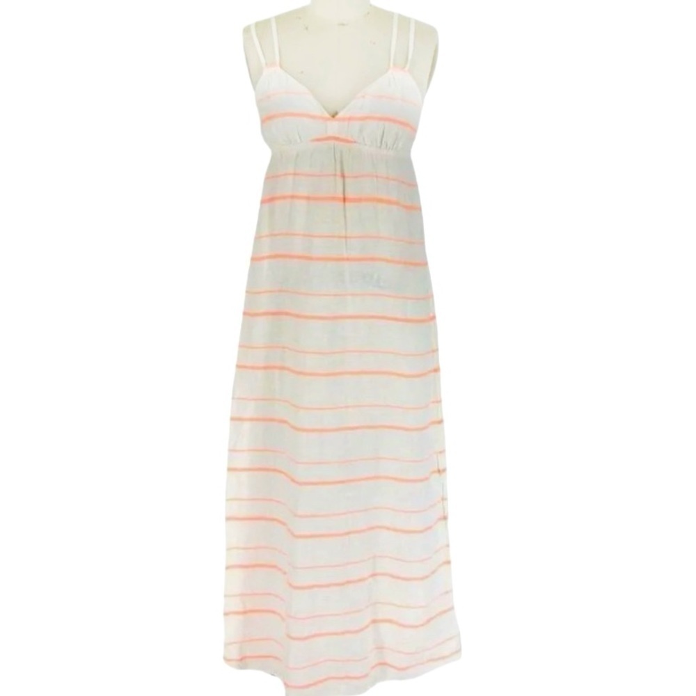 J CREW  carefree White Orange striped linen spaghetti straps fun maxi sundress